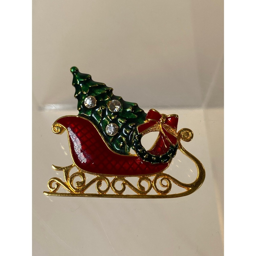 Eisenberg Ice Christmas Sleigh Brooch Red Green Enamel Rhinestone Tree Pin